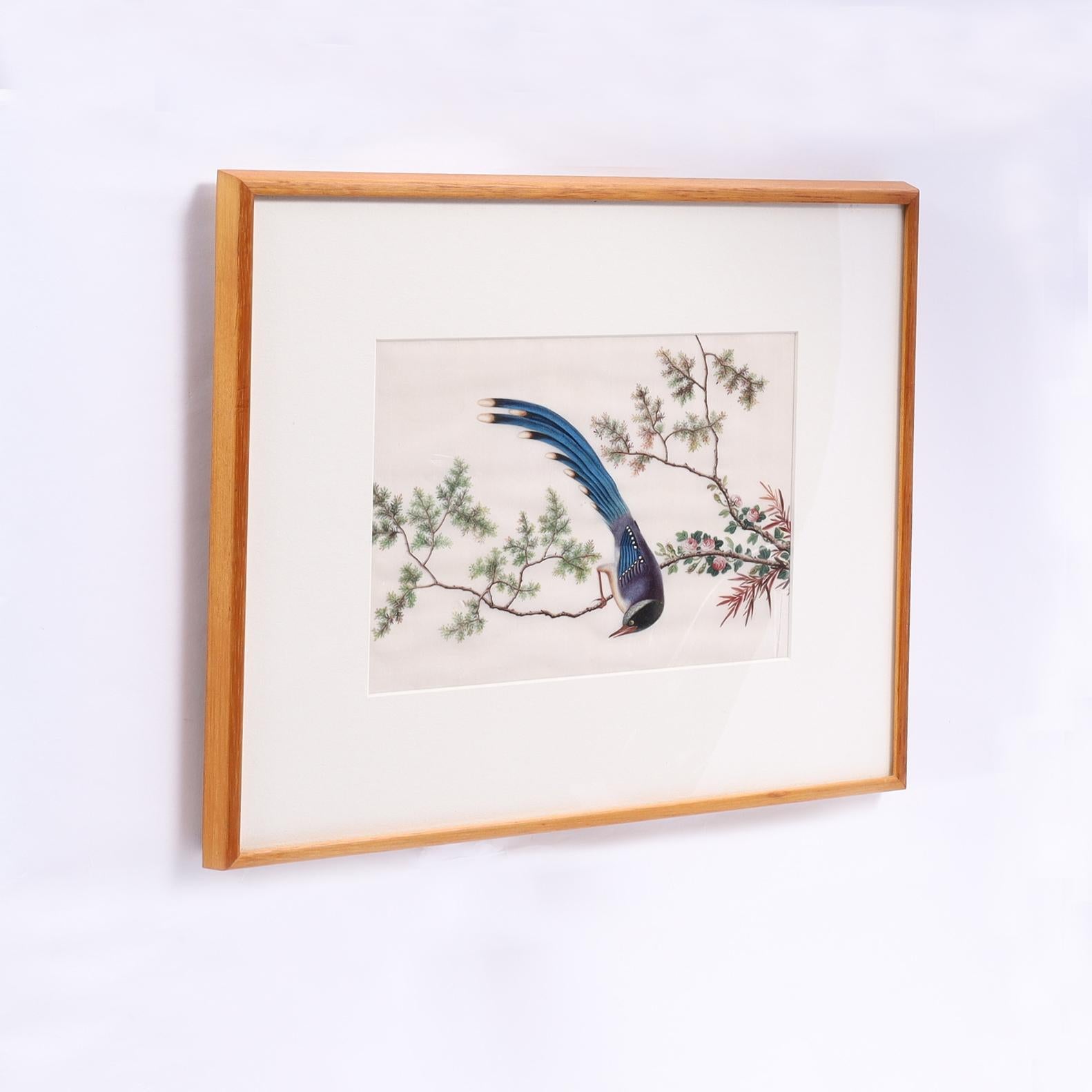 Two Antique Chinese Gouache Paintings of Birds on Pith Paper For Sale 2