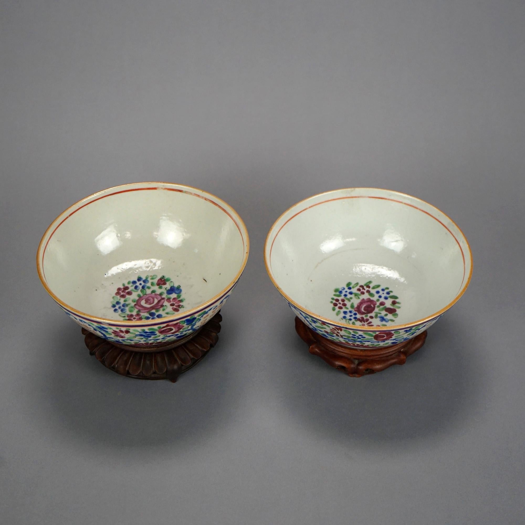 Two Antique Chinese Porcelain Floral Painted Rice Bowls & Hardwood Stands 19th C In Good Condition In Big Flats, NY