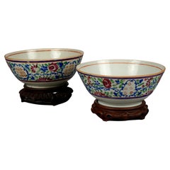 Two Antique Chinese Porcelain Floral Painted Rice Bowls & Hardwood Stands 19th C