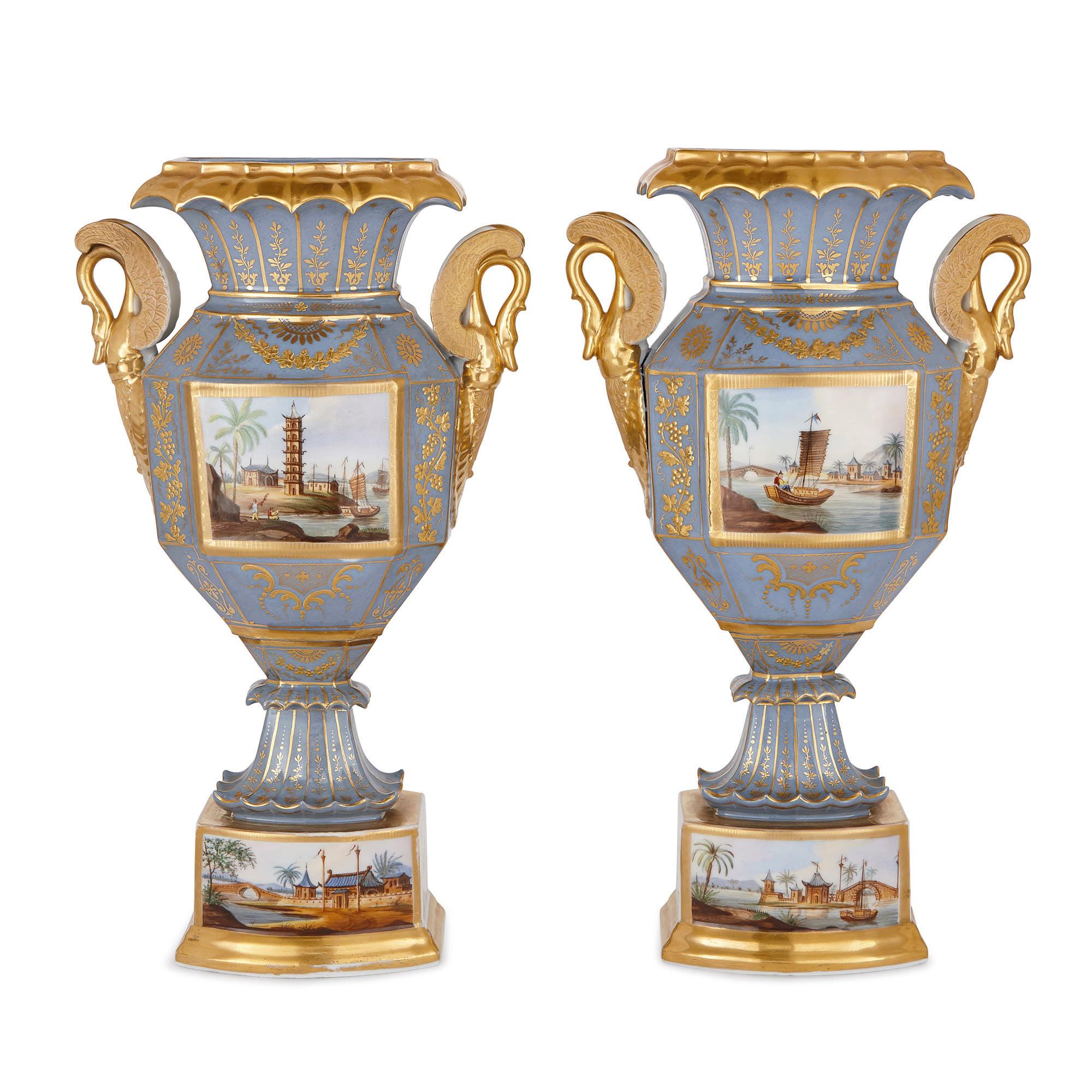 These wonderful porcelain vases were crafted in France in circa 1850. They have been designed in a fanciful East Asian style, known as Chinoiserie, from the French word for Chinese, ‘chinois’. This ornamental style was very popular in Europe in the