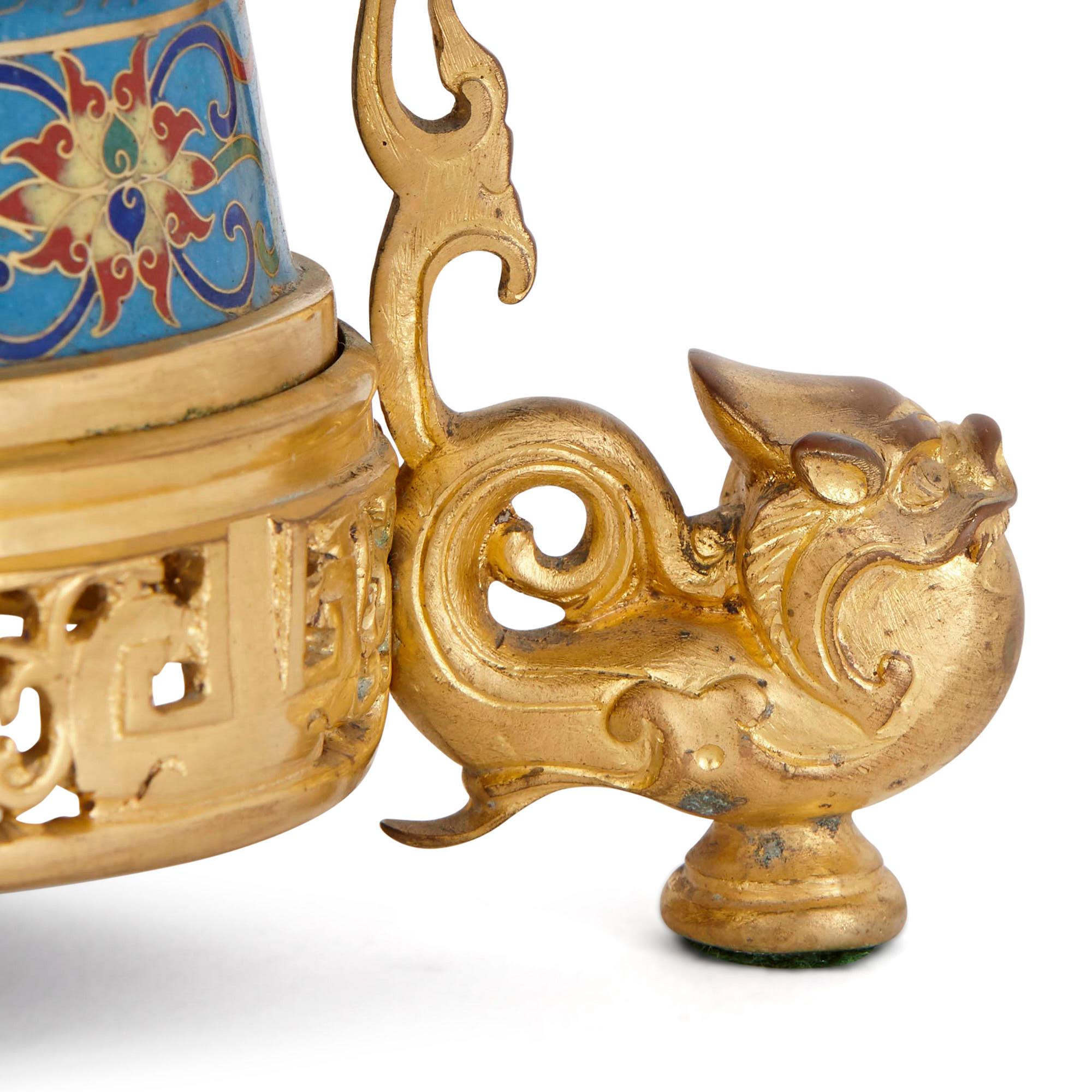 Chinese Two Antique Cloisonné Enamel and Gilt Bronze Lamps For Sale