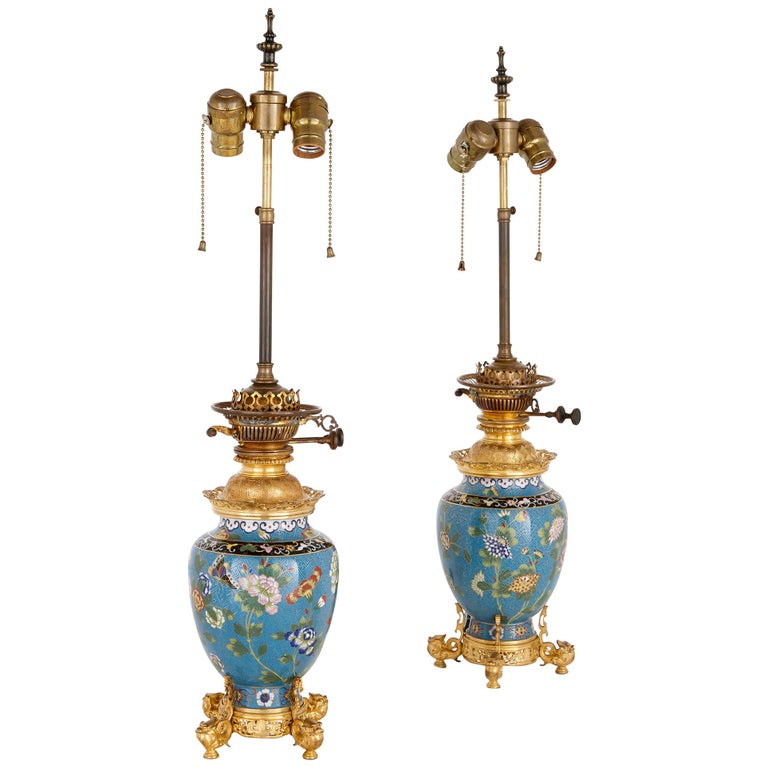 Two Antique Cloisonné Enamel and Gilt Bronze Lamps For Sale at 1stDibs