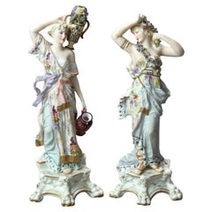 Two Antique Dresden Hand Painted Bisque Porcelain Classical Female Figures C1890