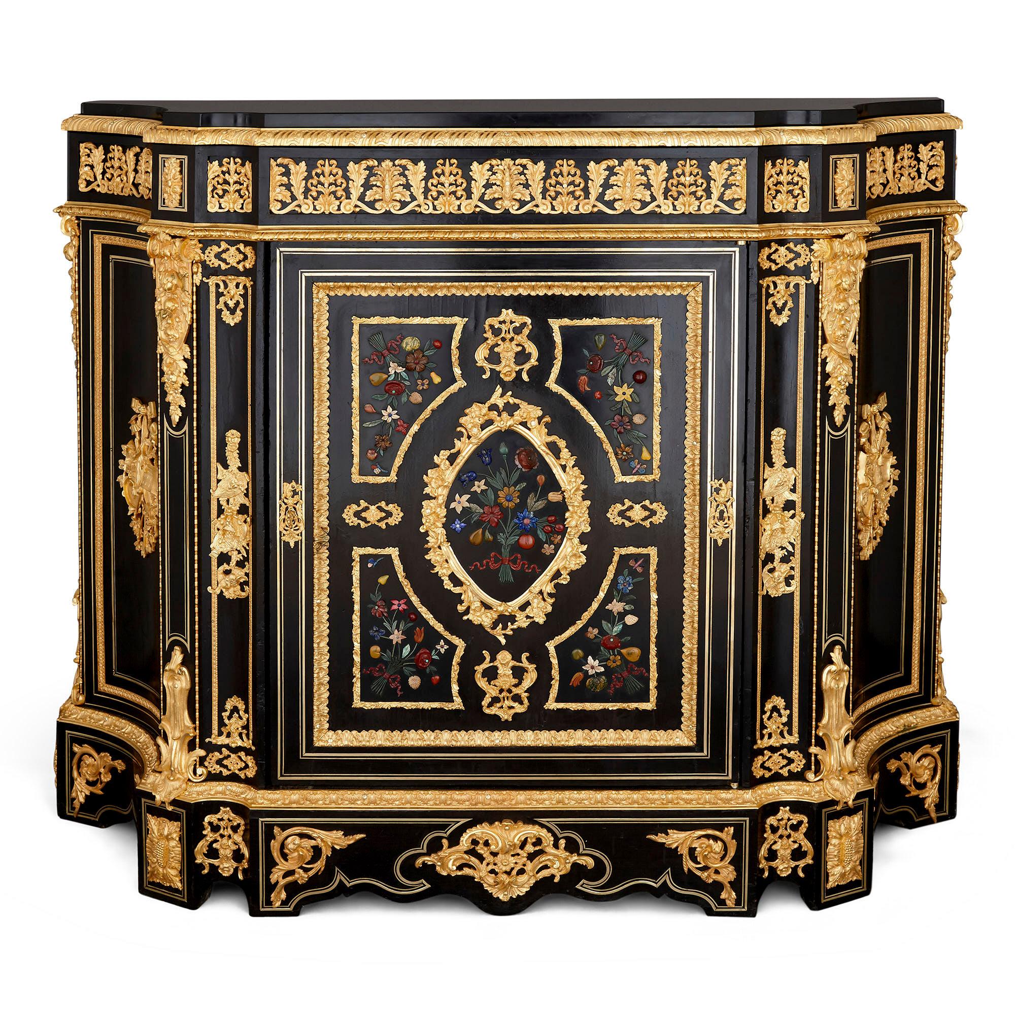 Neoclassical Two Antique Ebonized Wood and Ormolu Cabinets with Hardstone Pietra Dura Inlay For Sale