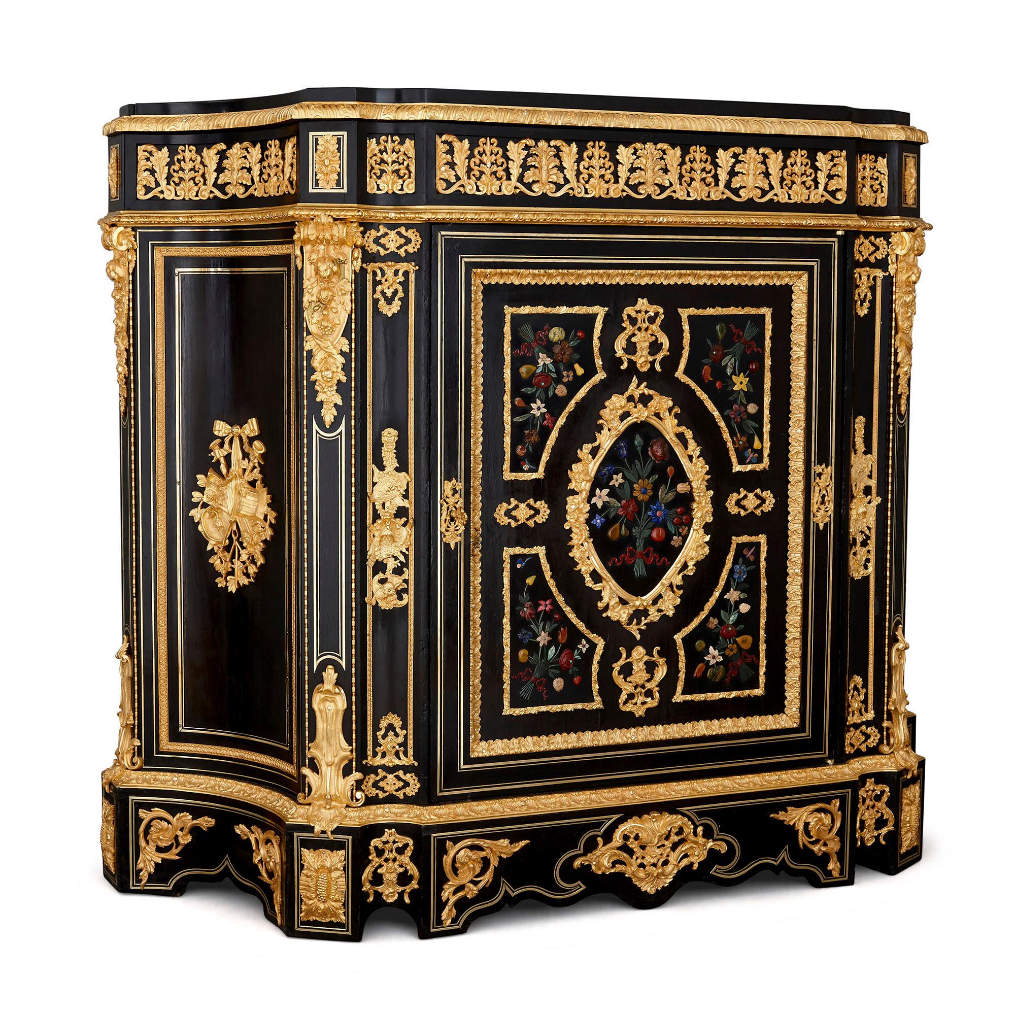 French Two Antique Ebonized Wood and Ormolu Cabinets with Hardstone Pietra Dura Inlay For Sale