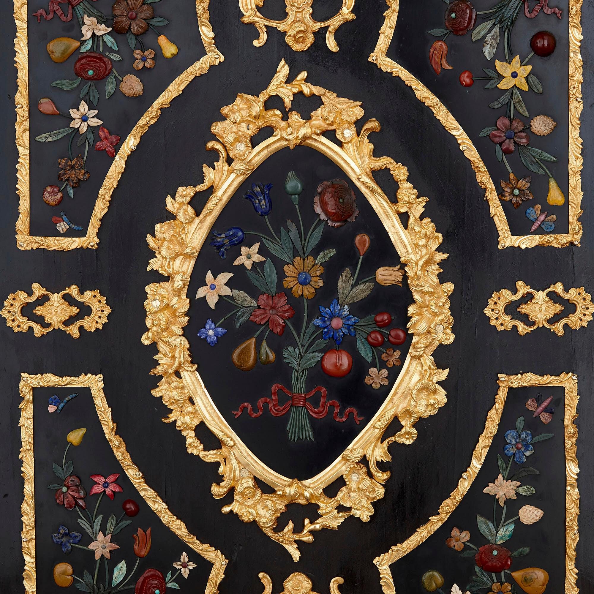 Brass Two Antique Ebonized Wood and Ormolu Cabinets with Hardstone Pietra Dura Inlay For Sale
