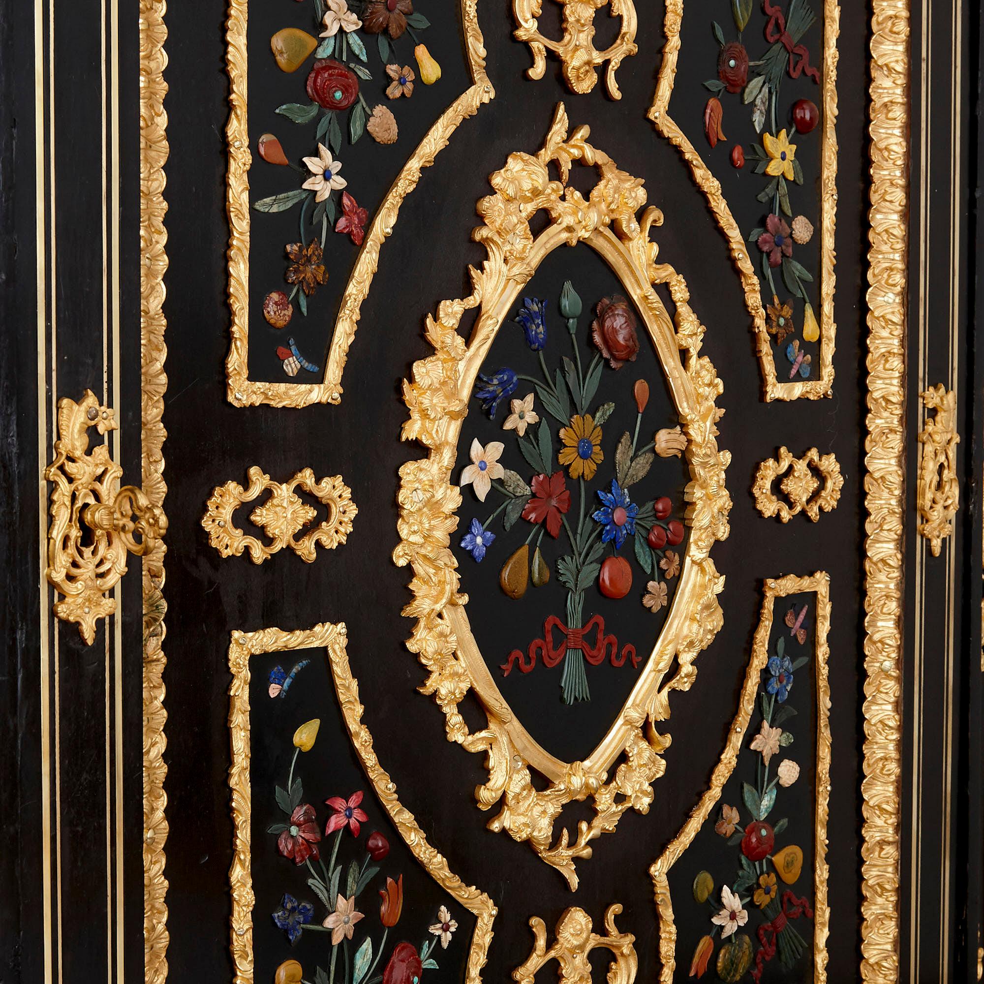 Two Antique Ebonized Wood and Ormolu Cabinets with Hardstone Pietra Dura Inlay For Sale 1