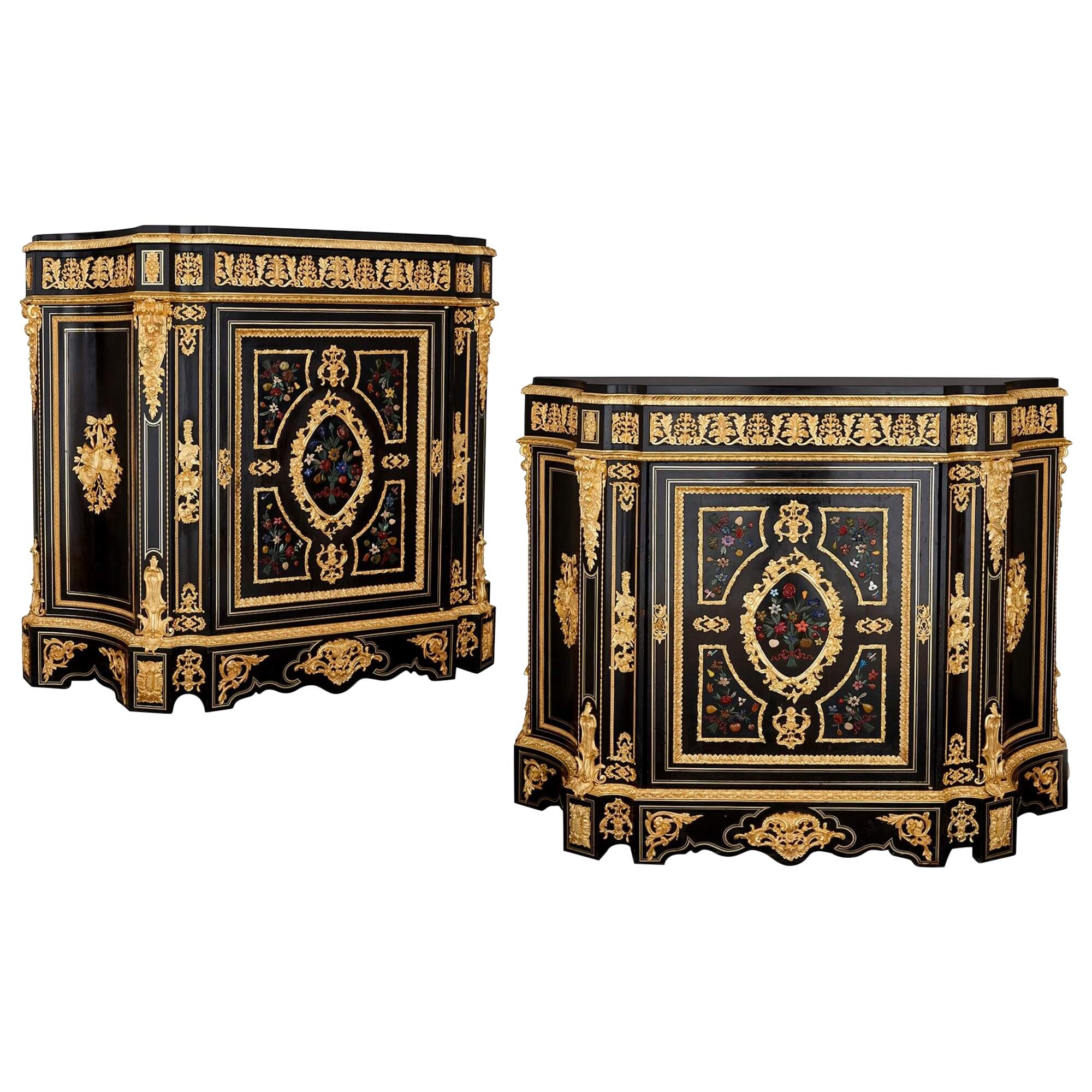 Two Antique Ebonized Wood and Ormolu Cabinets with Hardstone Pietra Dura Inlay