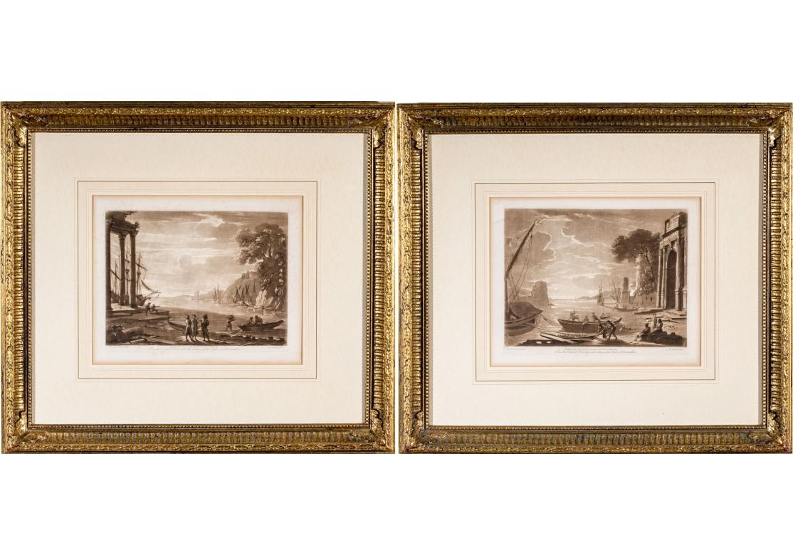Thomas Earlom's impressive and successful series of sepia engravings after the Claude Lorrain drawings depicting figural wharf scenes made during 1774-1776 for a total of 195 images. This listing is for No. 2 and No. 5 both dated Jan. 1774.
Both
