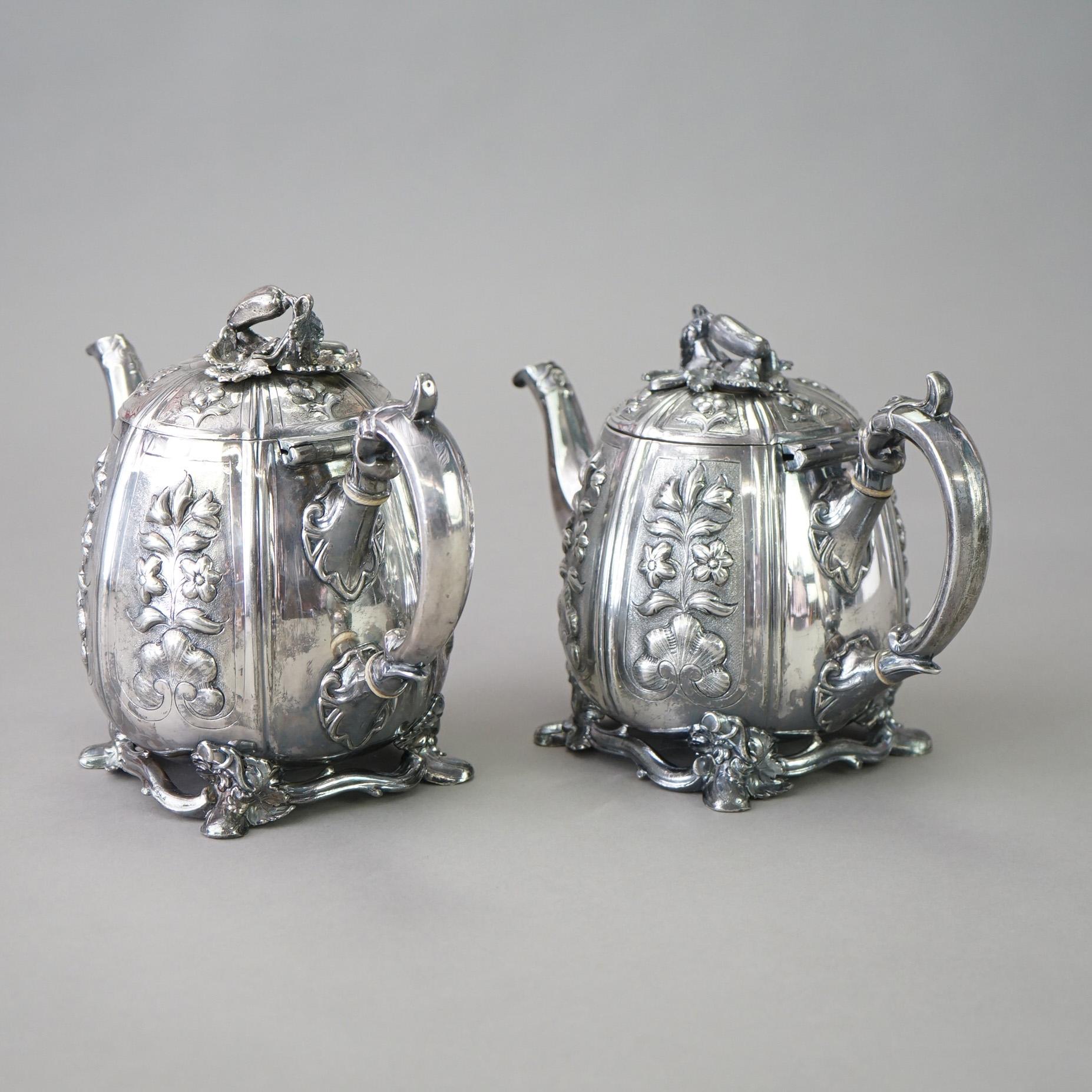 Two Antique English Sheffield Silver Plated Tea Pots with Garden Elements C1890 In Good Condition For Sale In Big Flats, NY