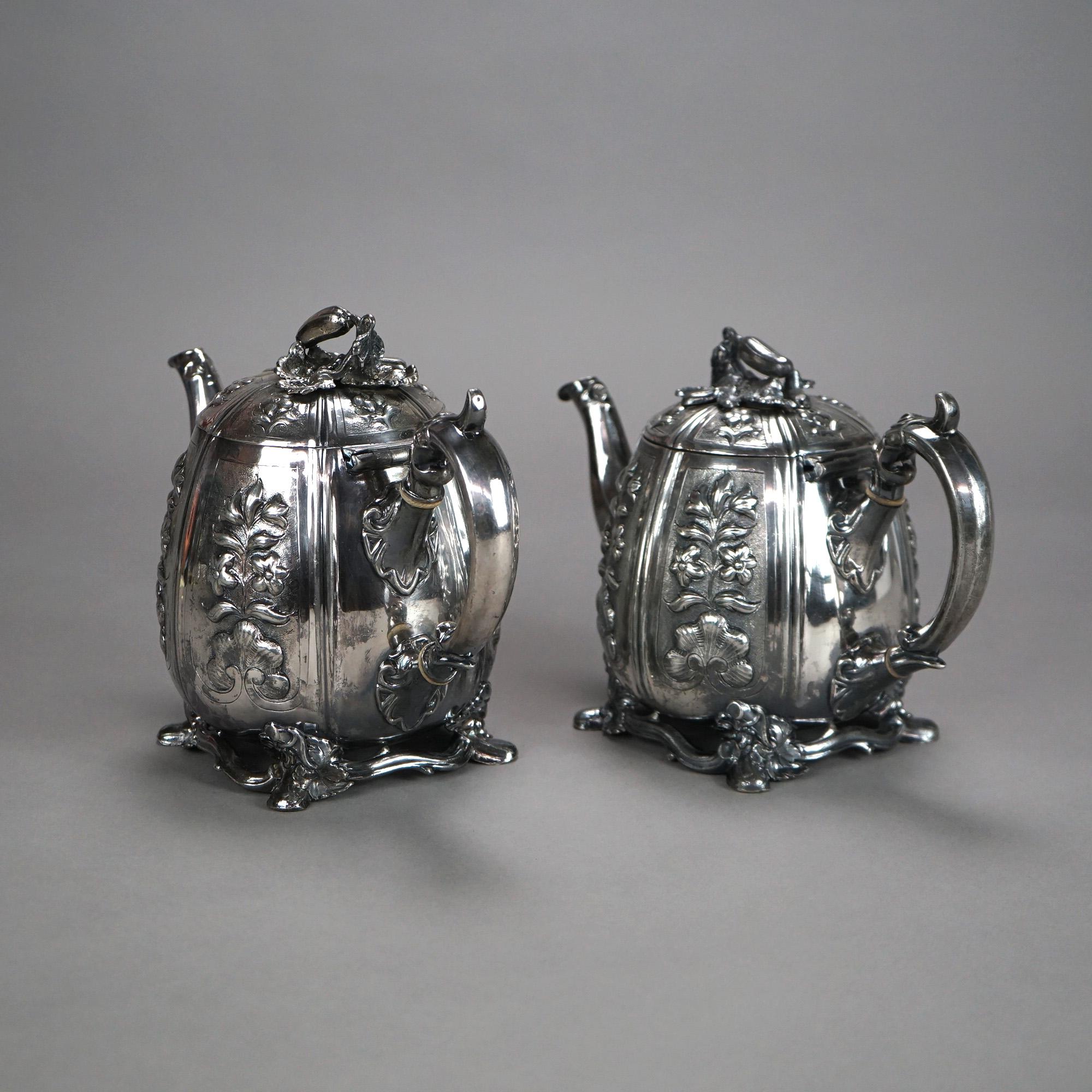 19th Century Two Antique English Sheffield Silver Plated Tea Pots with Garden Elements C1890 For Sale