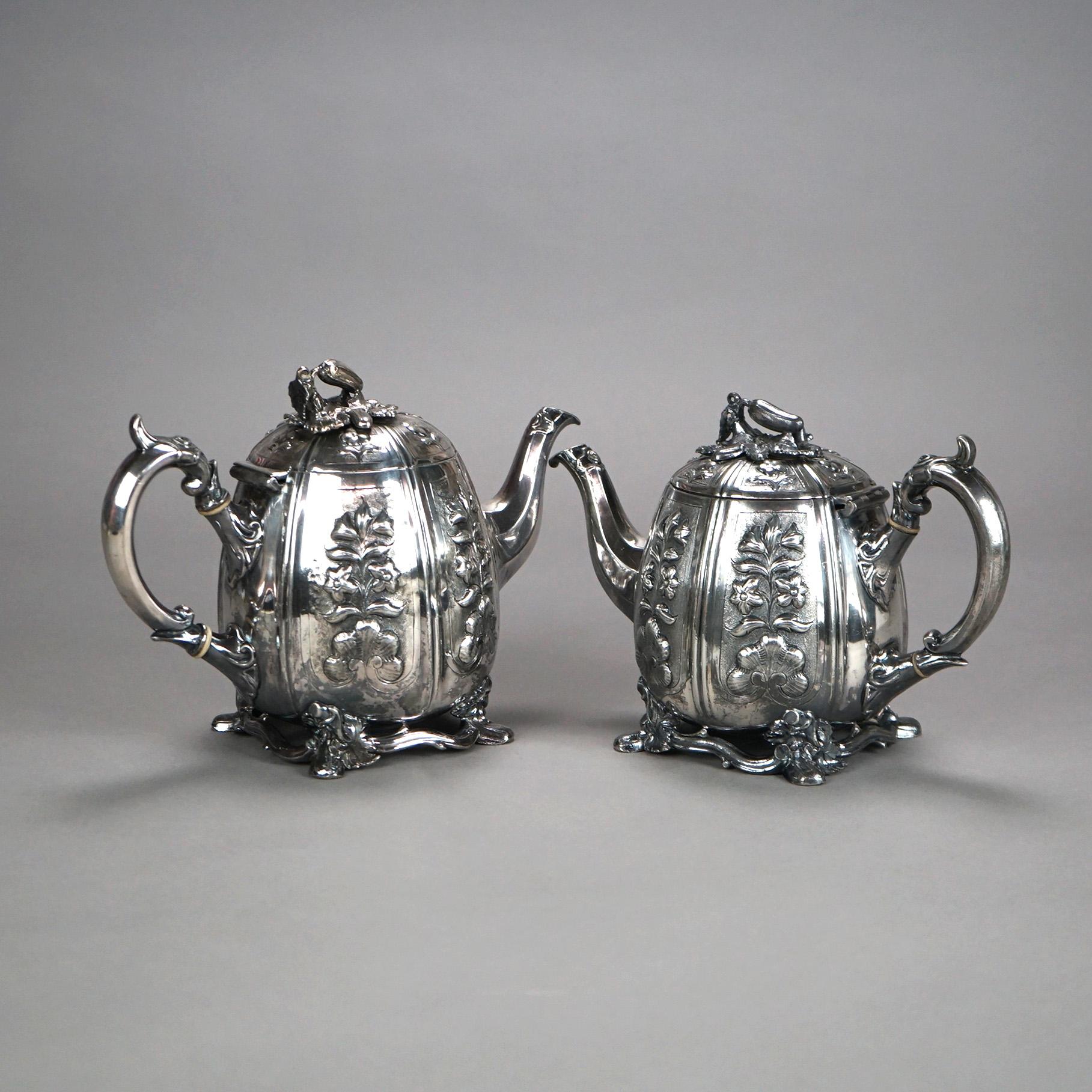 Two Antique English Sheffield Silver Plated Tea Pots with Garden Elements C1890 For Sale 1