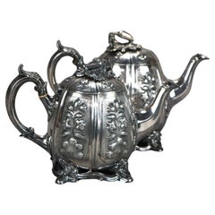 Two Antique English Sheffield Silver Plated Tea Pots with Garden Elements C1890