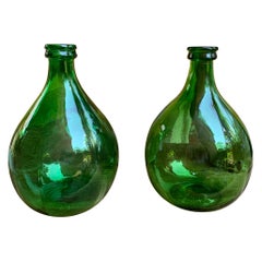 Two Antique European Green Glass Demijohn, Carboy Wine Jug Italian Villani