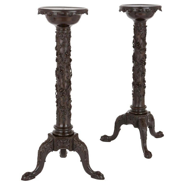 Two Antique Floral Carved Wooden Pedestals For Sale at 1stDibs