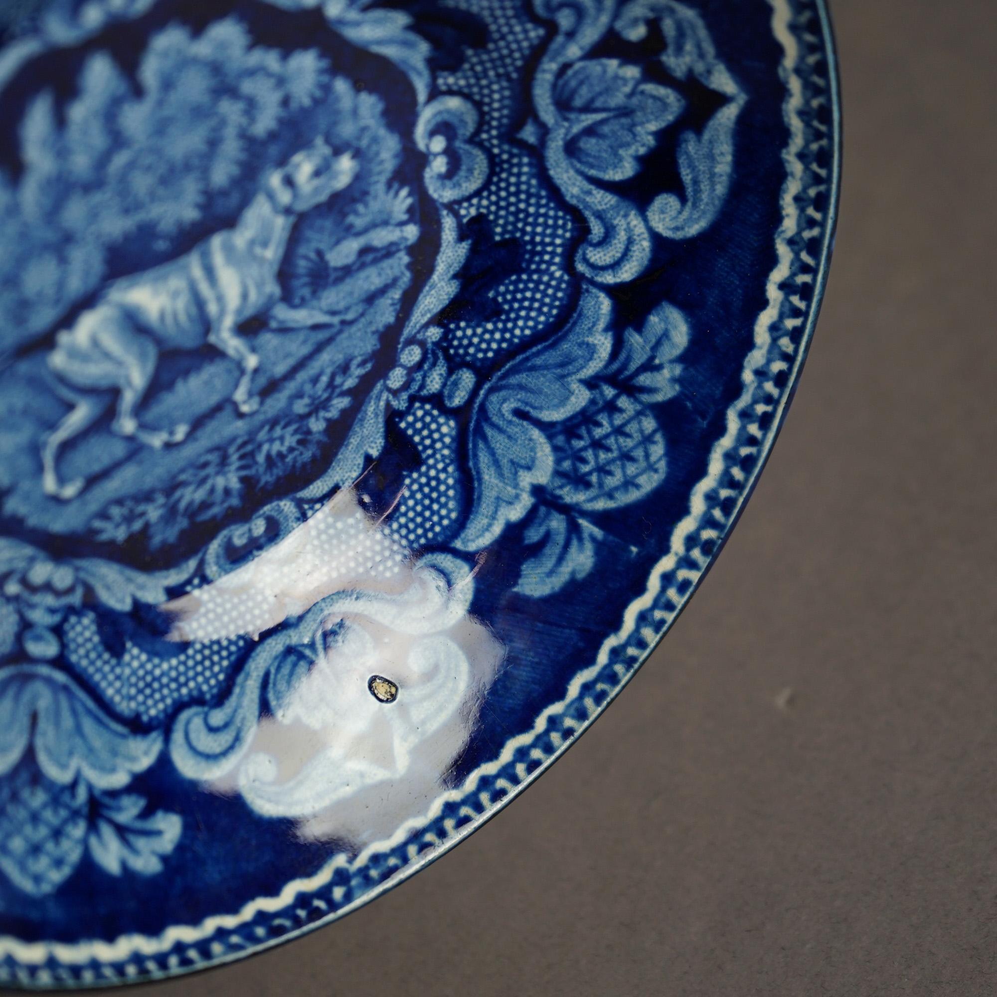 Two Antique Flow Blue Pottery Small Bowls with Dog & Birds, 19th C For Sale 5