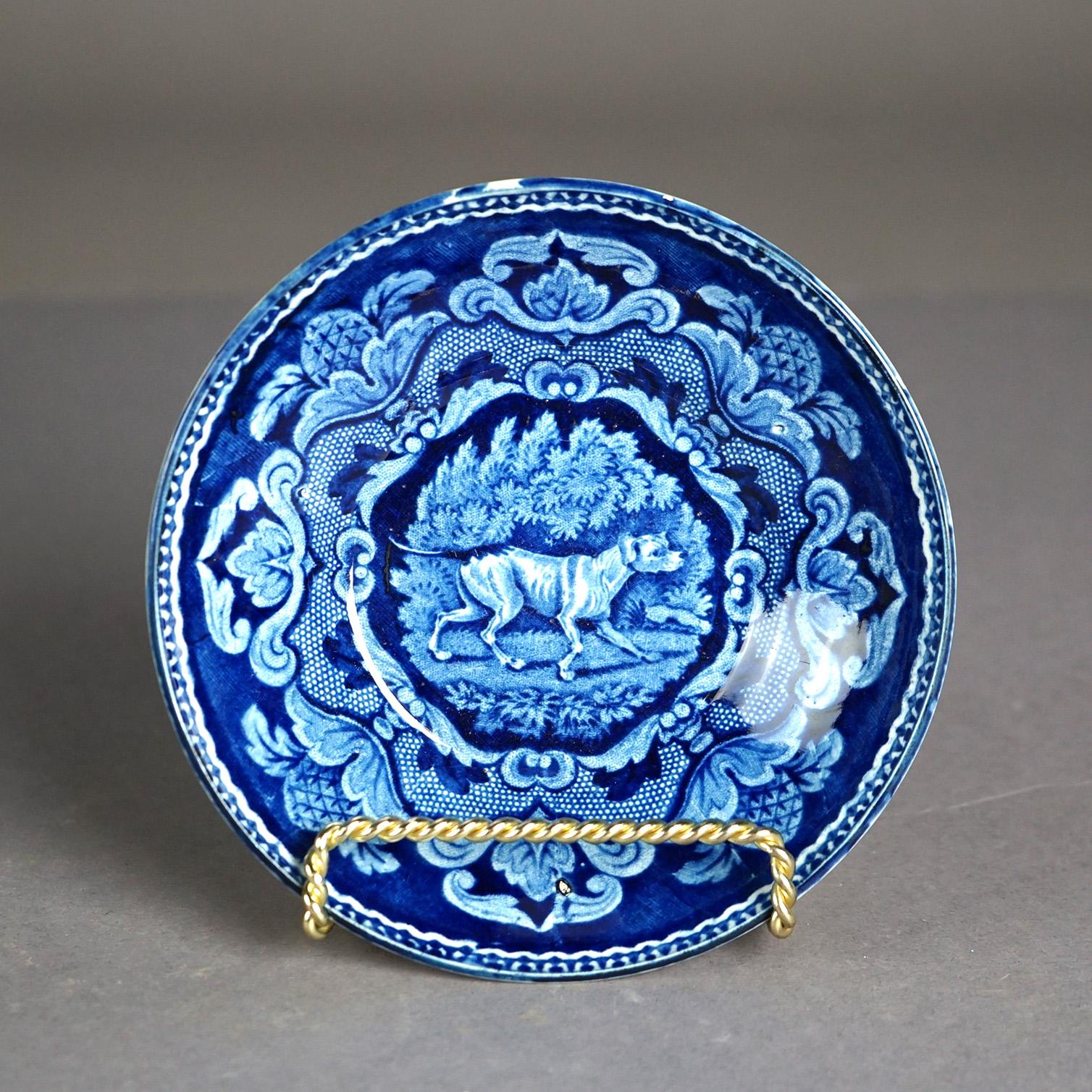 Antike flow-blaue Keramikschalen mit Hund und Vögeln aus dem 19. Jahrhundert

Maße - 1,5 