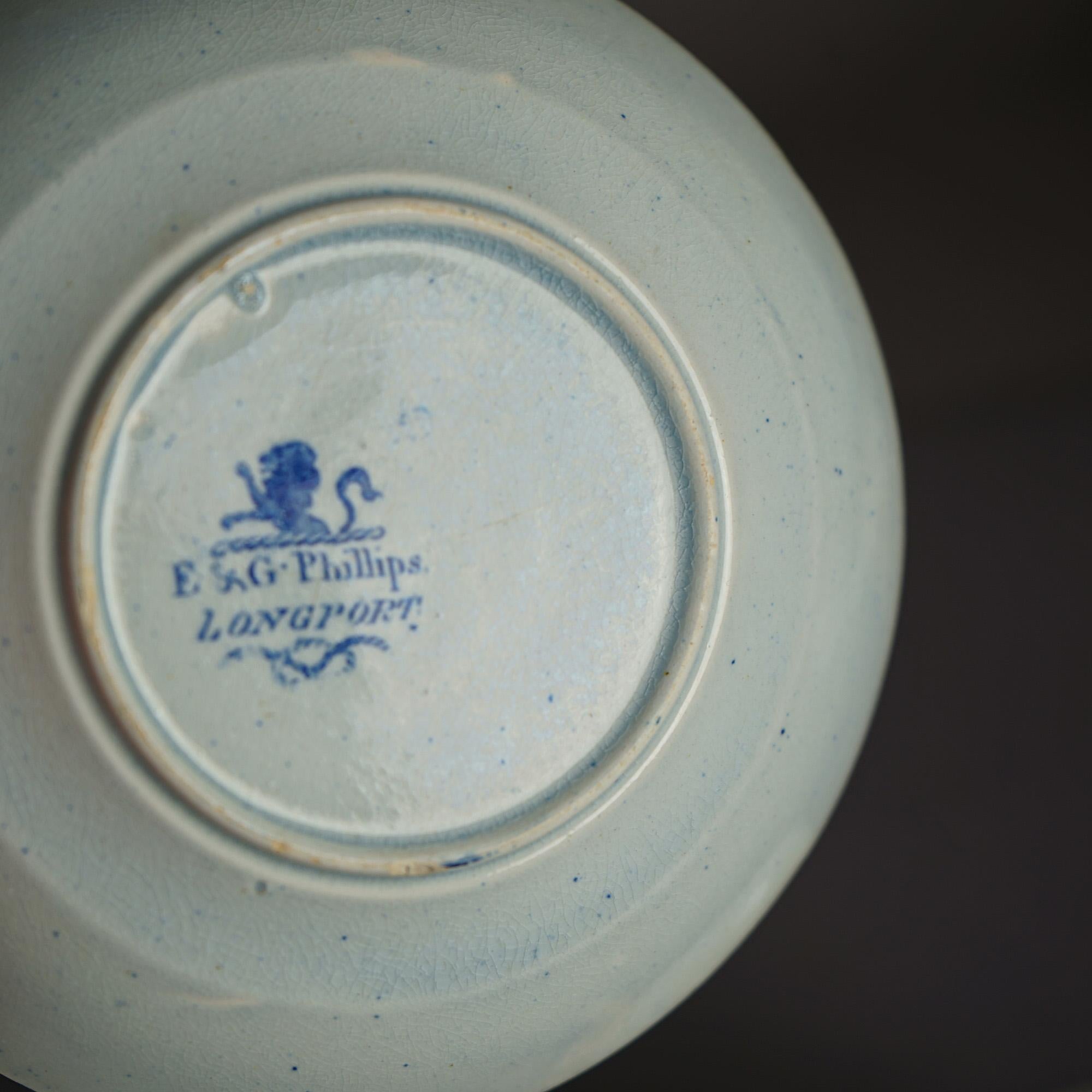 Antike flow-blaue Keramikschalen mit Hund und Vögeln aus dem 19. Jahrhundert im Angebot 1
