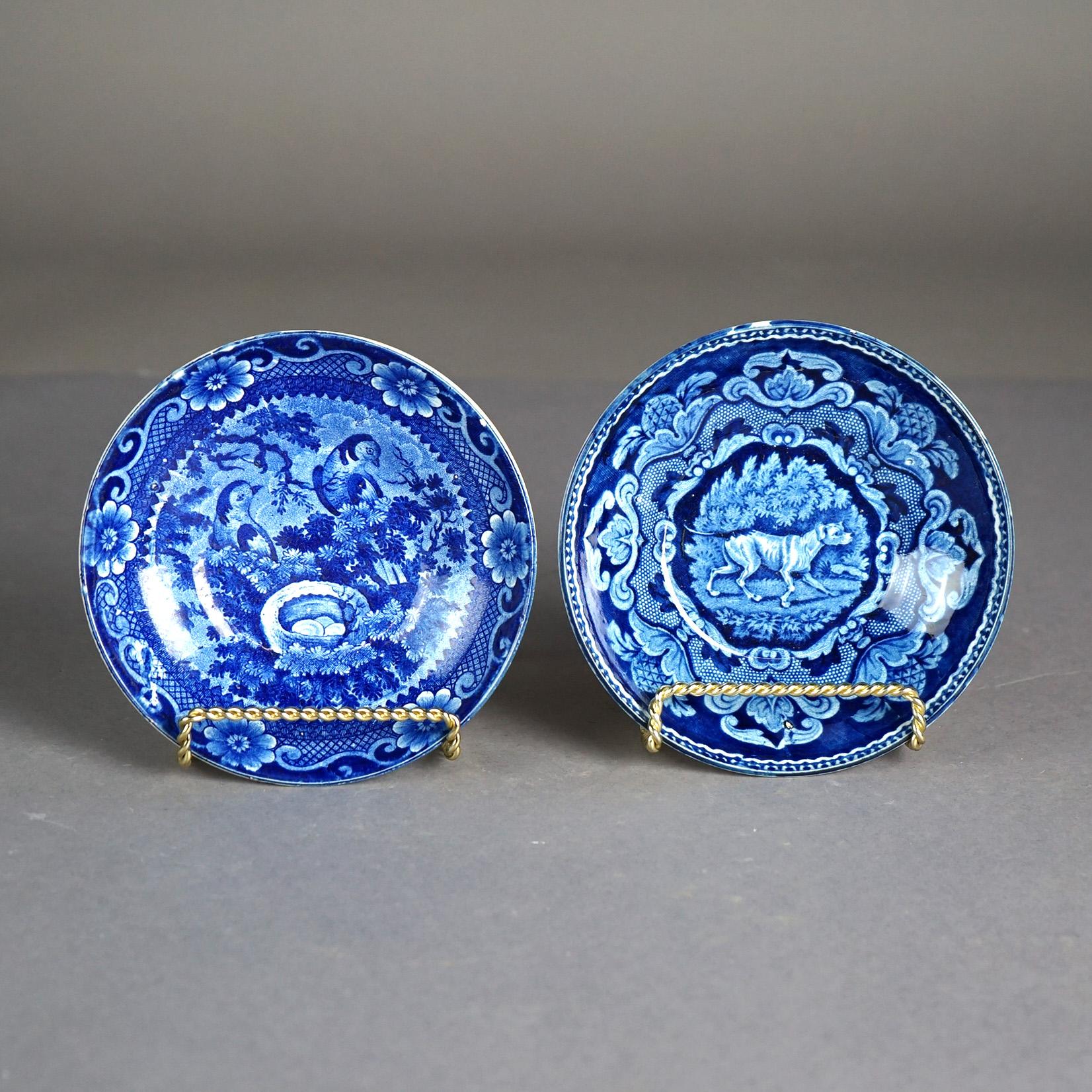 Two Antique Flow Blue Pottery Small Bowls with Dog & Birds, 19th C For Sale 2