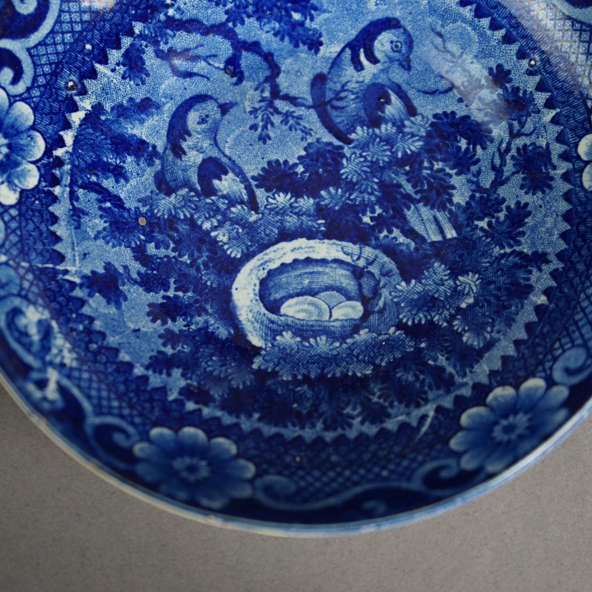 Two Antique Flow Blue Pottery Small Bowls with Dog & Birds, 19th C For Sale 3