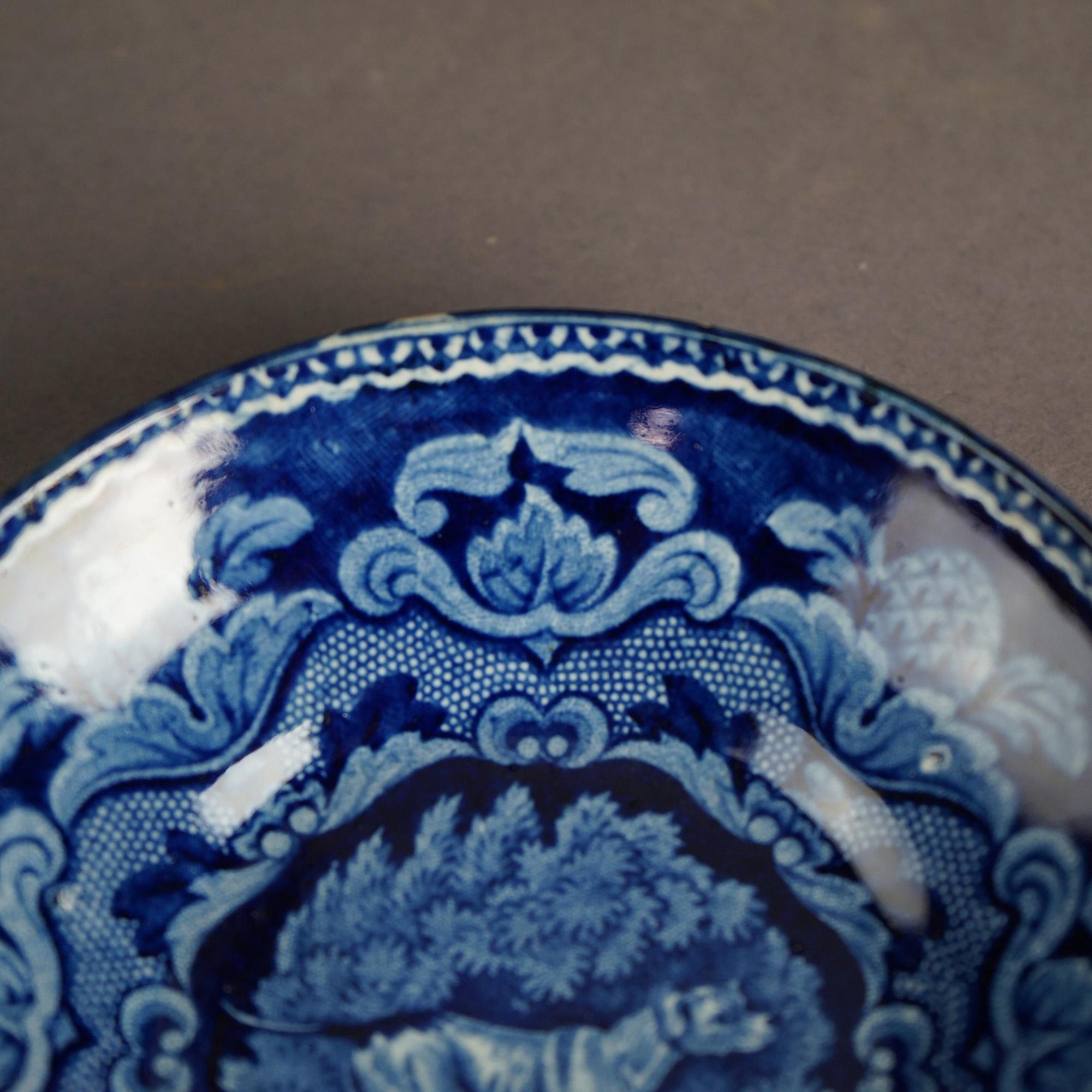 Two Antique Flow Blue Pottery Small Bowls with Dog & Birds, 19th C For Sale 4