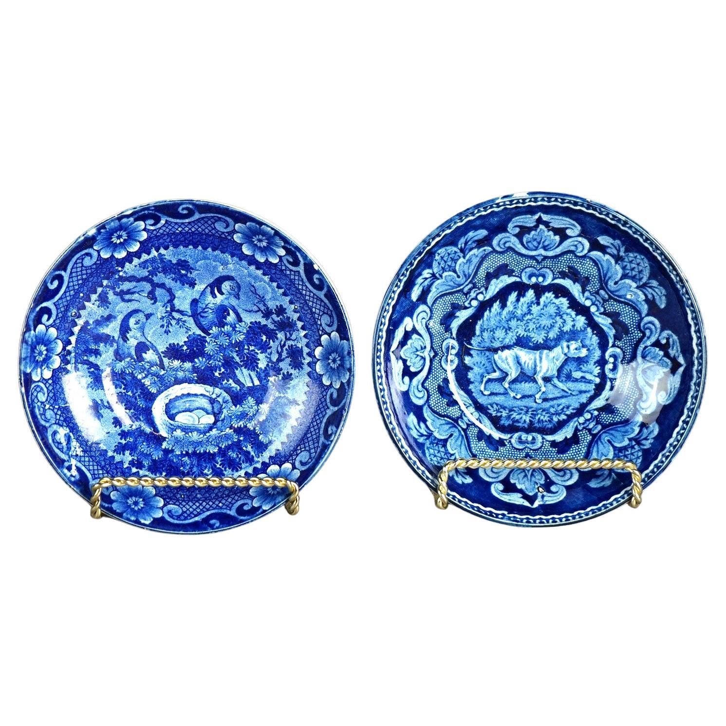 Two Antique Flow Blue Pottery Small Bowls with Dog & Birds, 19th C For Sale