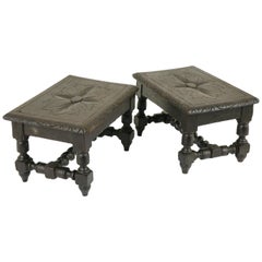 Two Antique Foot Stools, Pair Carved Stools, Victorian, Gothic, Scotland, B1701