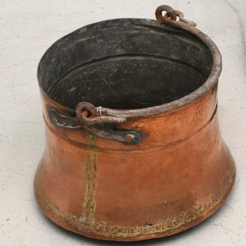 French Provincial Two Antique French Copper Pots with Iron Snake Form Handles