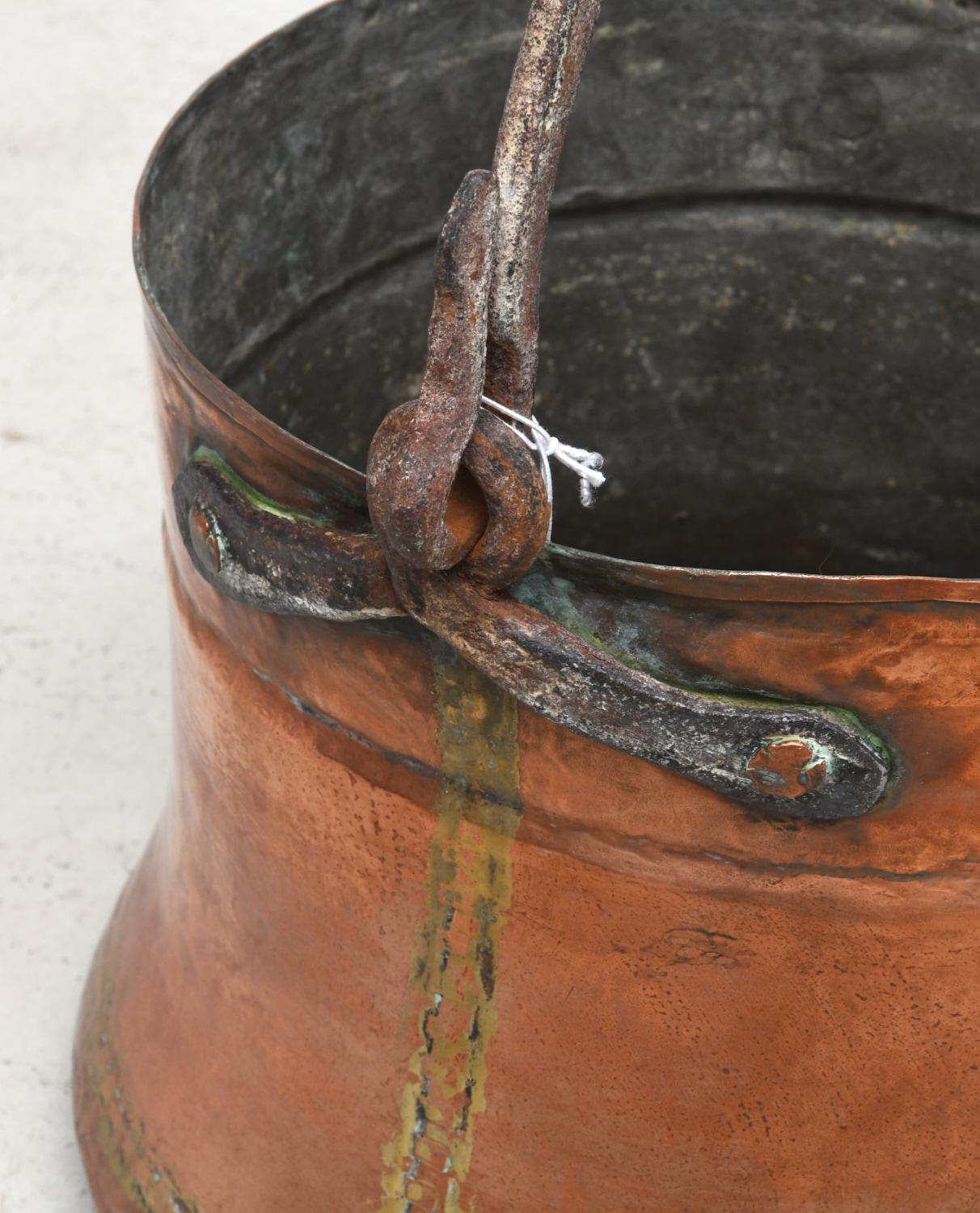 Forged Two Antique French Copper Pots with Iron Snake Form Handles