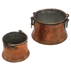 Two Antique French Copper Pots with Iron Snake Form Handles
