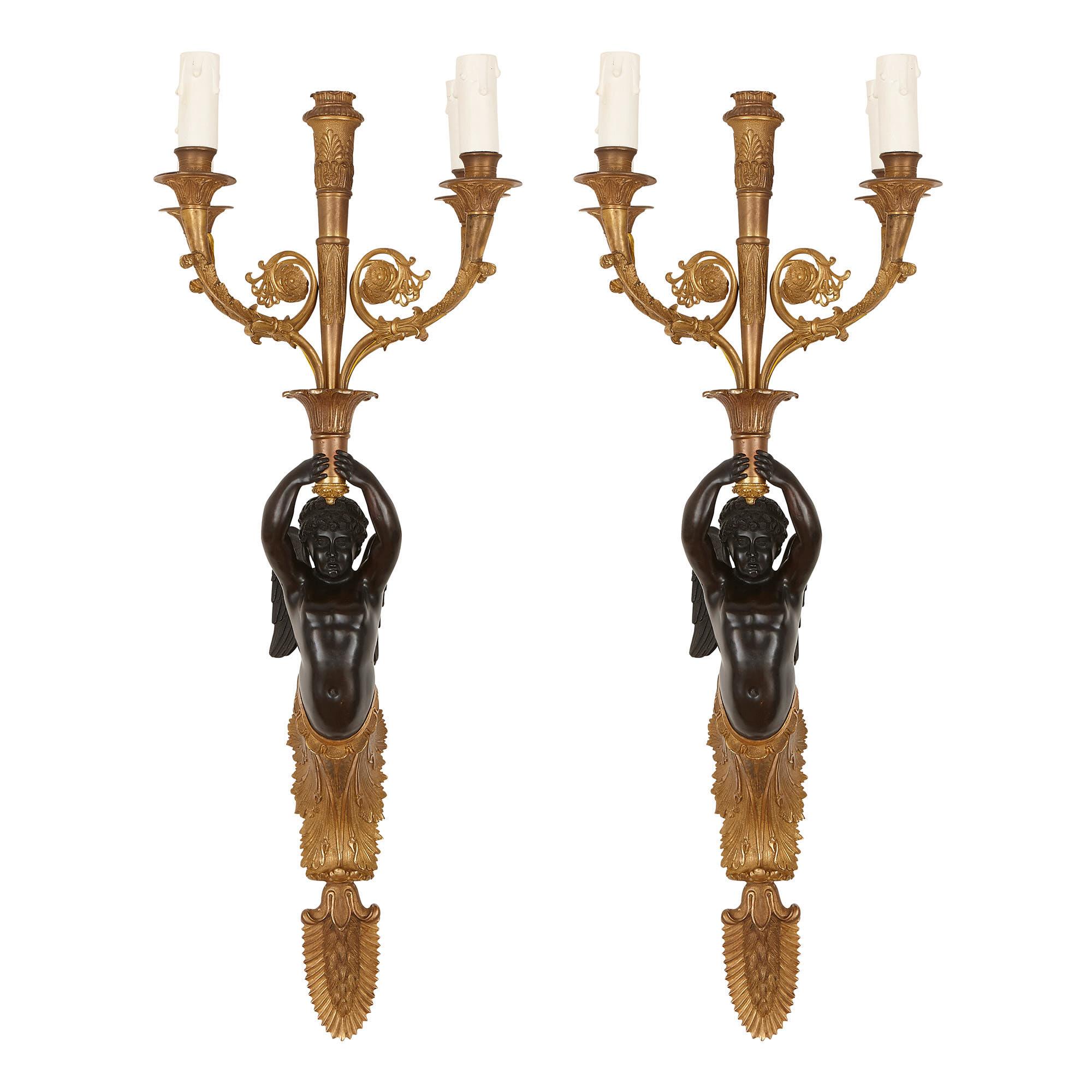 Two French Gilt and Patinated Bronze Sconces For Sale