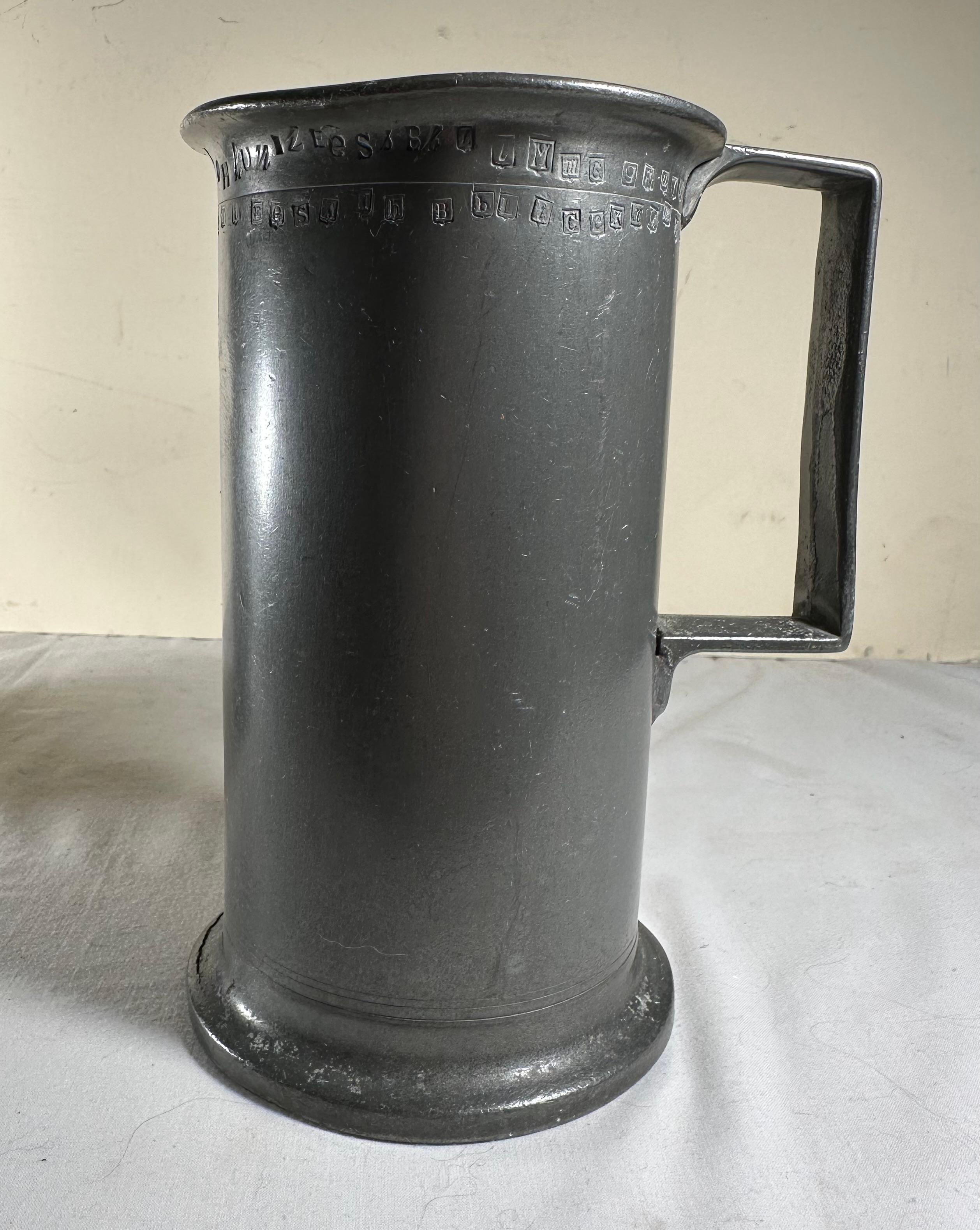 Two Antique French Heavy Pewter Measuring Tankards In Fair Condition For Sale In Vero Beach, FL