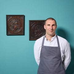 Two Antique French Medieval Style Carved Oak Portrait Panels