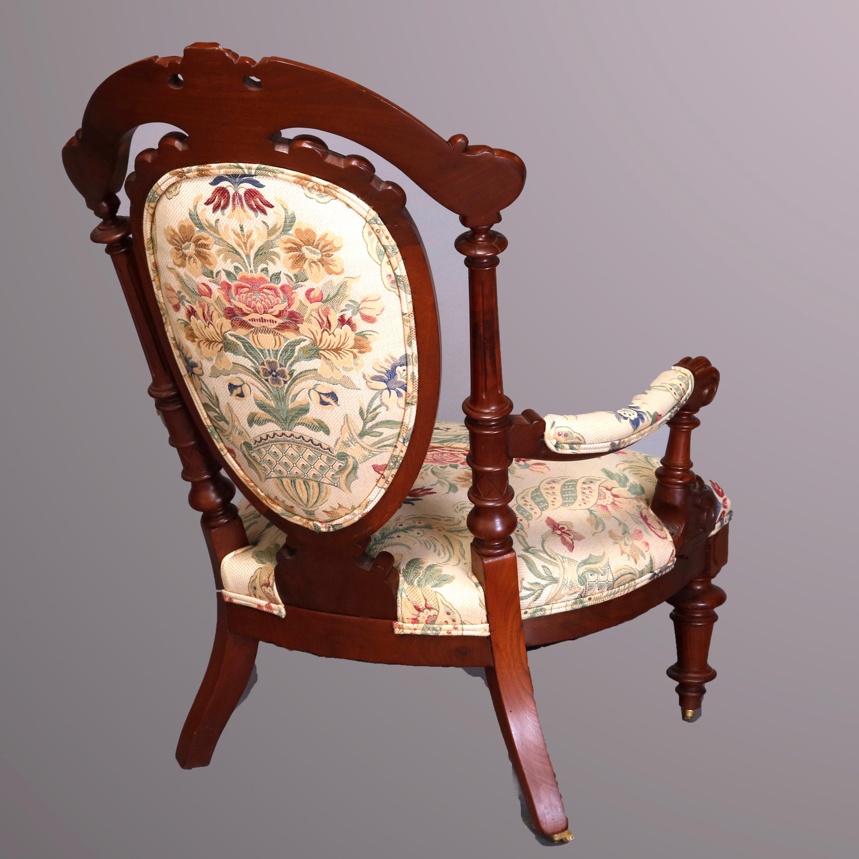 Two Antique French Victorian Renaissance Revival Carved Walnut Parlor Chairs In Good Condition In Big Flats, NY