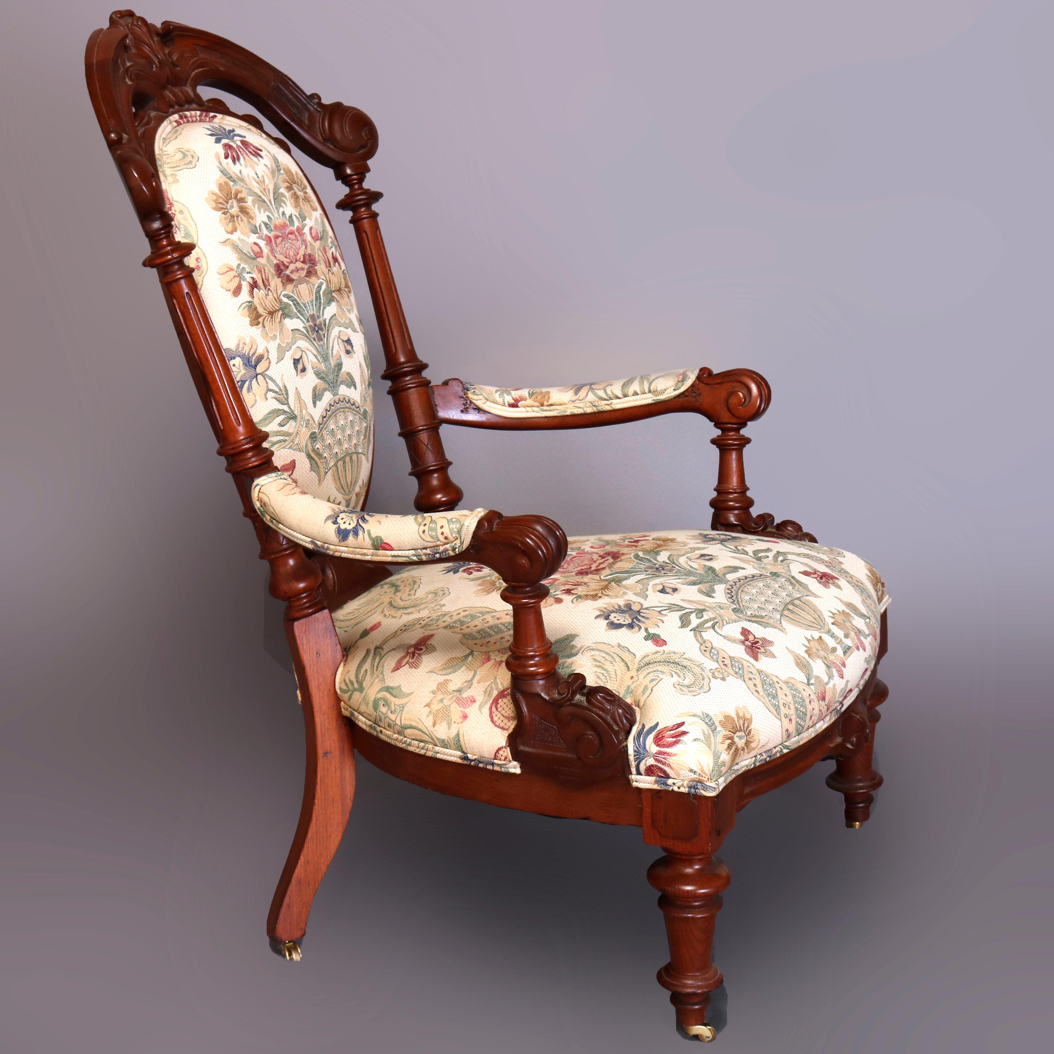 19th Century Two Antique French Victorian Renaissance Revival Carved Walnut Parlor Chairs