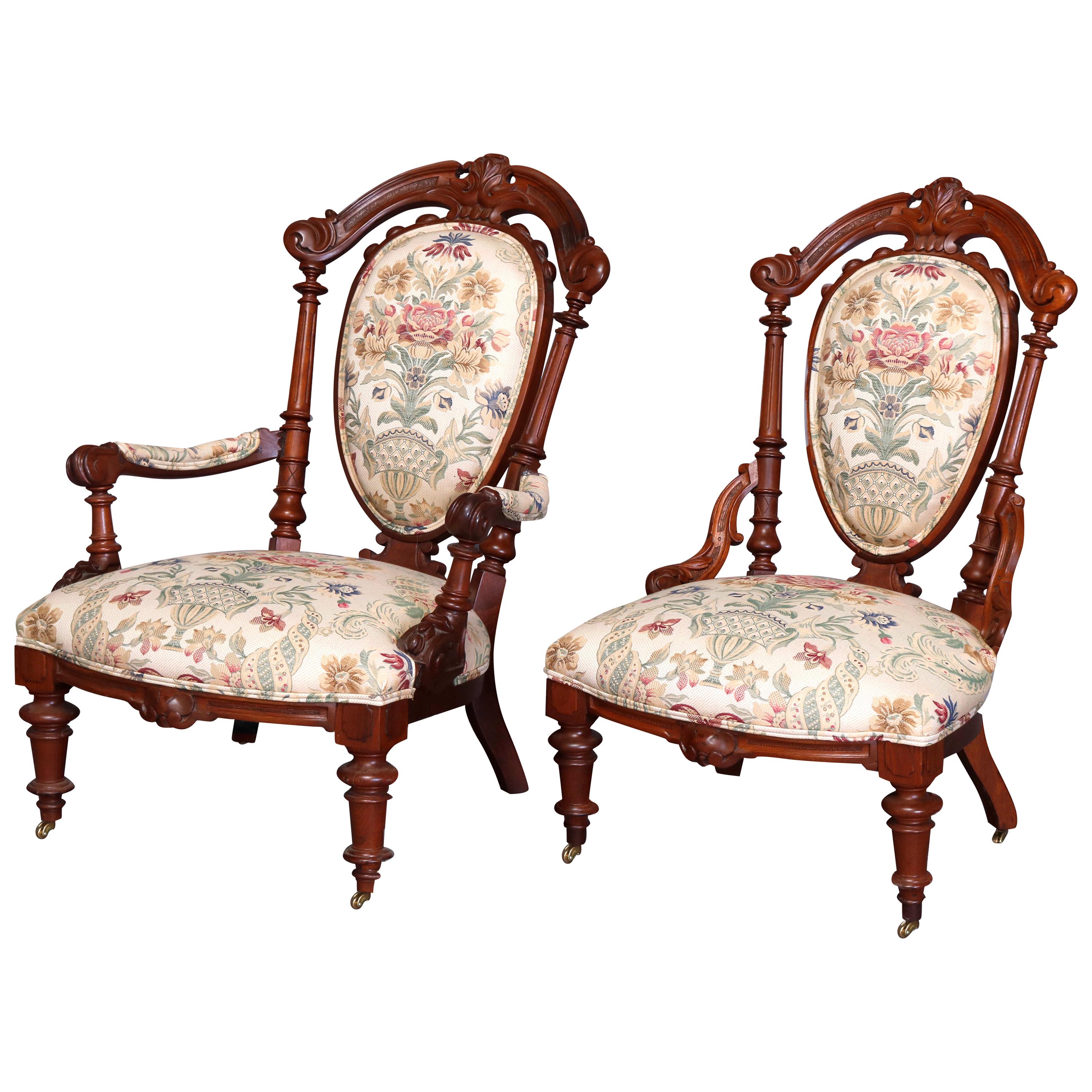 Two Antique French Victorian Renaissance Revival Carved Walnut Parlor Chairs