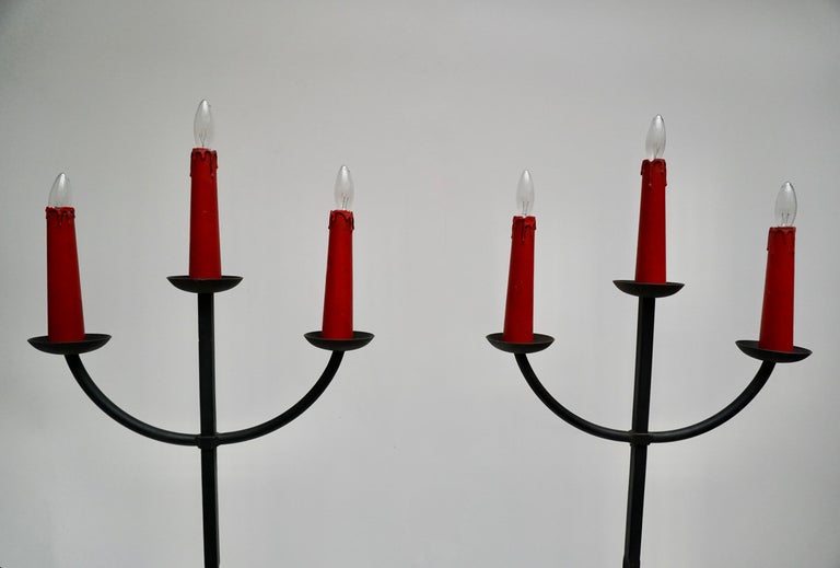 Two Antique French Wrought Iron Floor Lamp 3 Candle Candelabra Castle  Lighting For Sale at 1stDibs