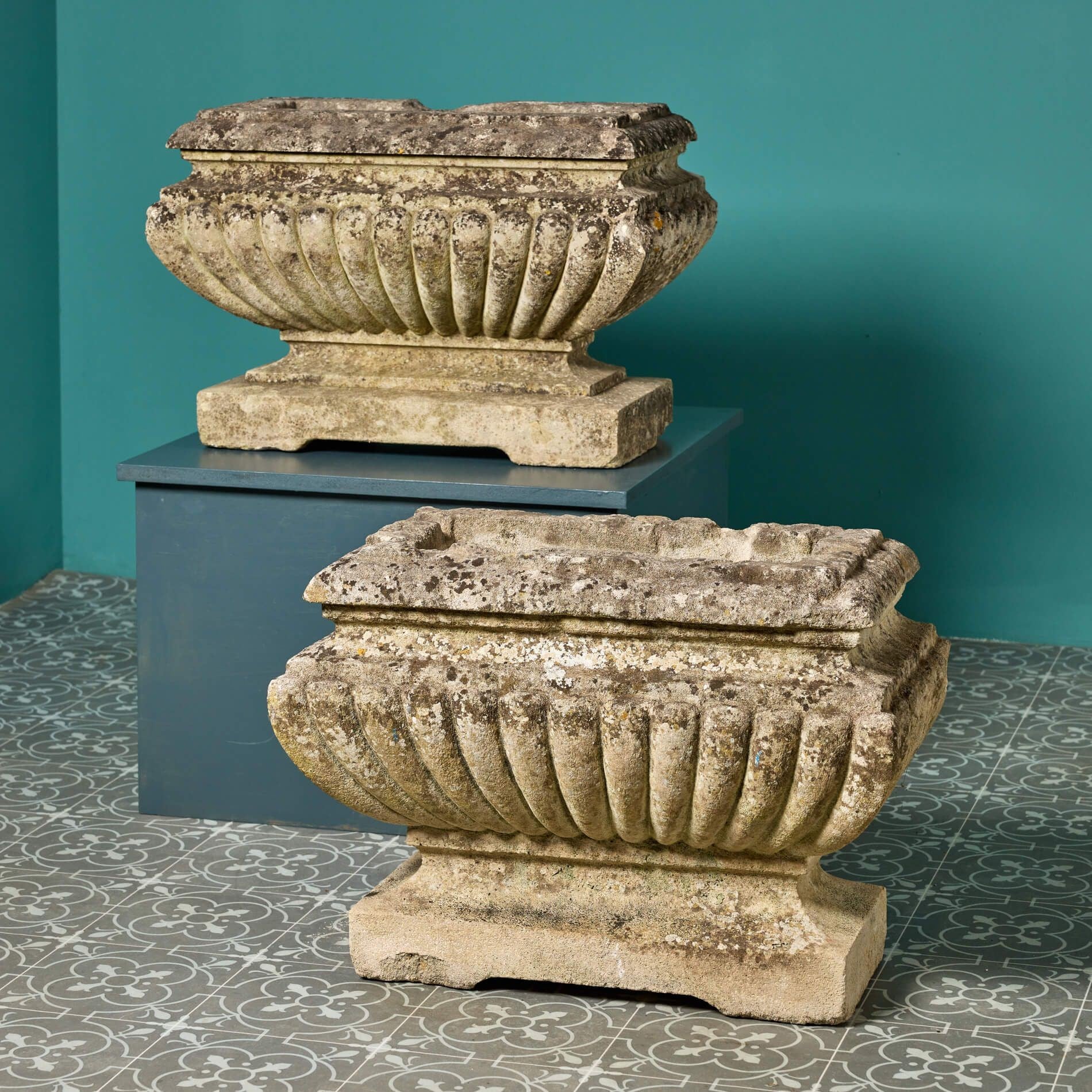 Two Antique Gadrooned Limestone Garden Planters