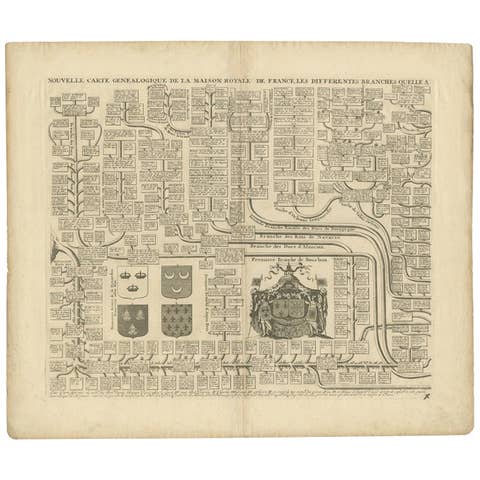 Two Antique Genealogy Charts of the Royal House of France, Coats of Arms, 1732