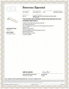 Two Antique Gold Crescent Moon Stick Pins with Old Cut Diamonds Seed Pearls