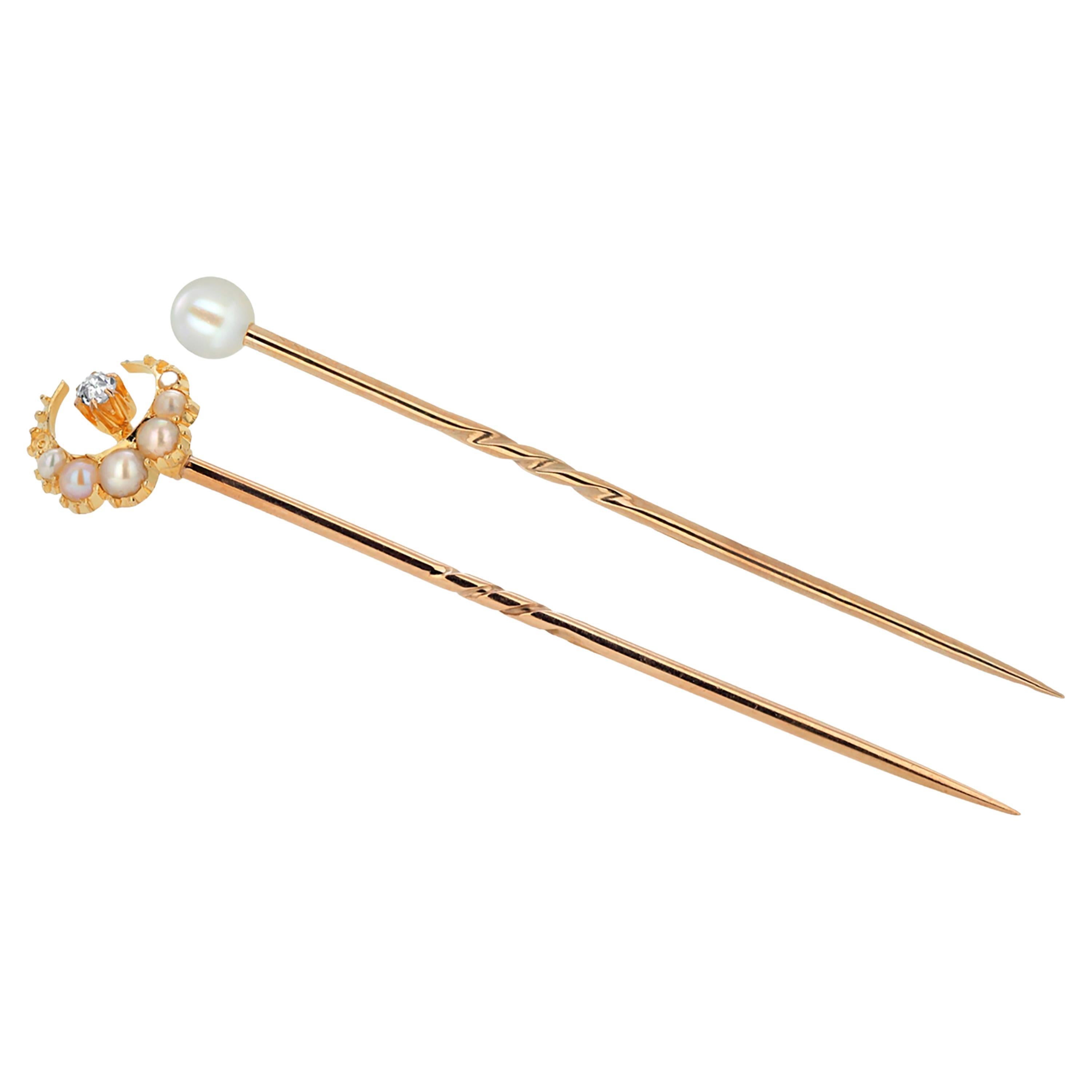 Two Antique Gold Crescent Moon Stick Pins with Old Cut Diamonds Seed Pearls