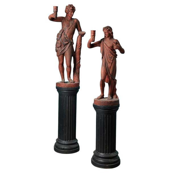 Greek Statues Two Two Antique Greek Figures on Pedestals For Sale at 1stDibs