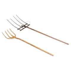 Two Antique Hand-Made Wooden Pitchforks