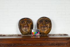 Two Antique Indian Papier-Mâché Hand Painted Face Masks Depicting Brides
