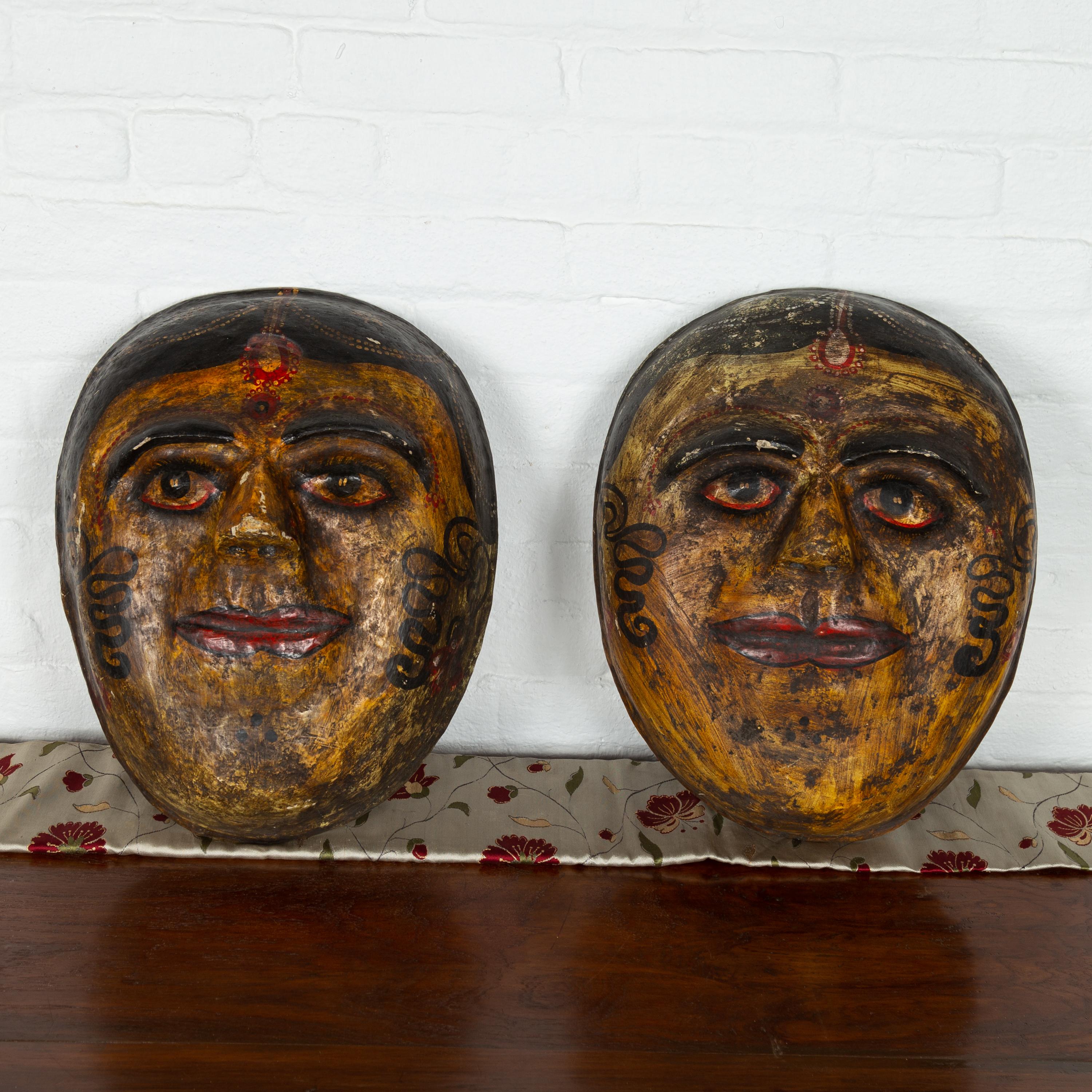Two Antique Indian Papier-Mâché Hand Painted Face Masks Depicting Brides In Good Condition In Yonkers, NY