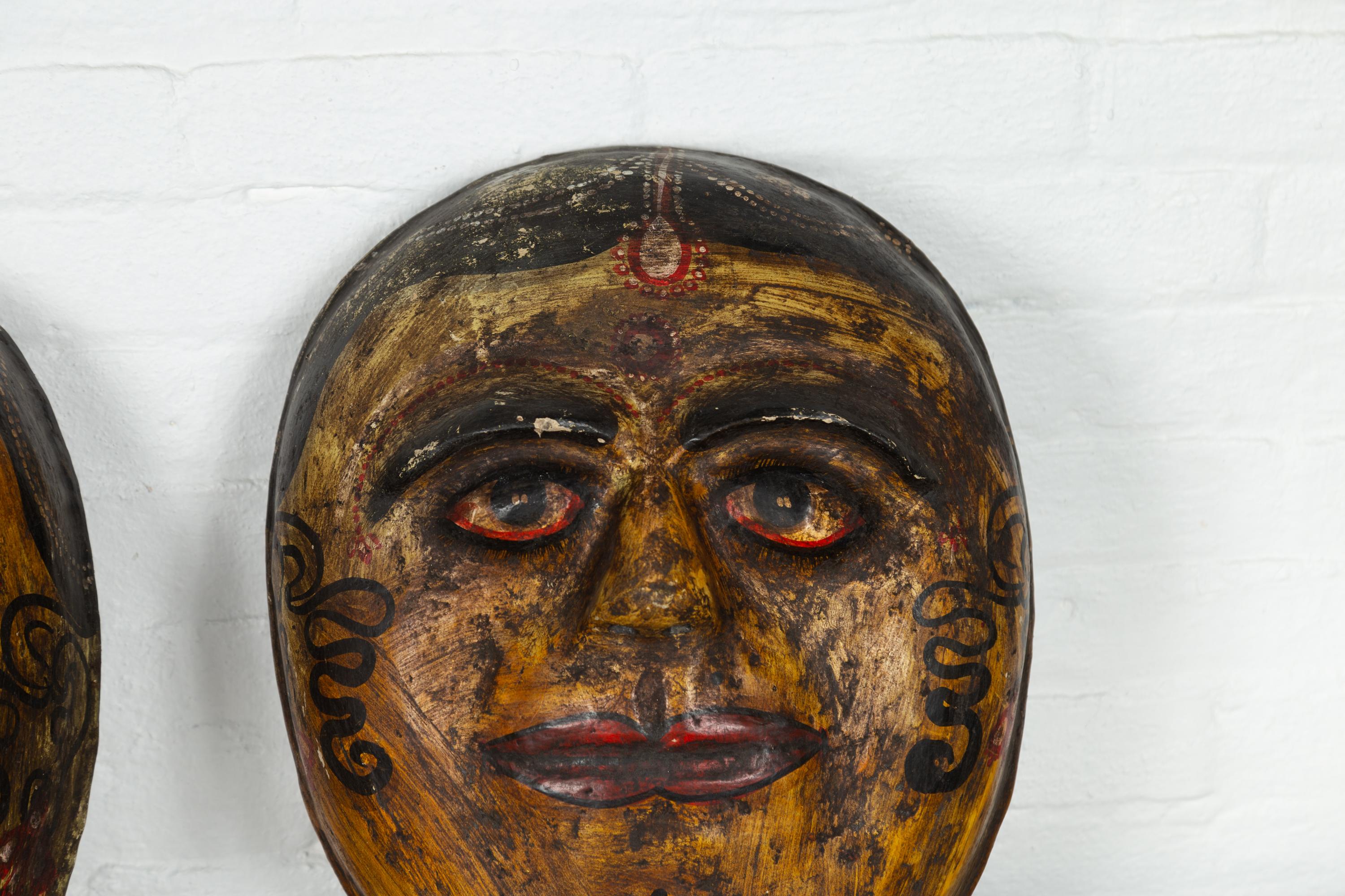 Two Antique Indian Papier-Mâché Hand Painted Face Masks Depicting Brides In Good Condition For Sale In Yonkers, NY