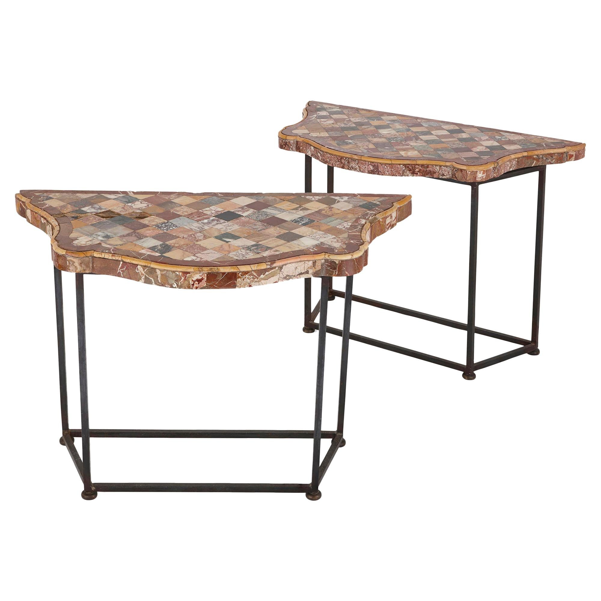 Two Antique Iron and Specimen Marble Console Tables For Sale