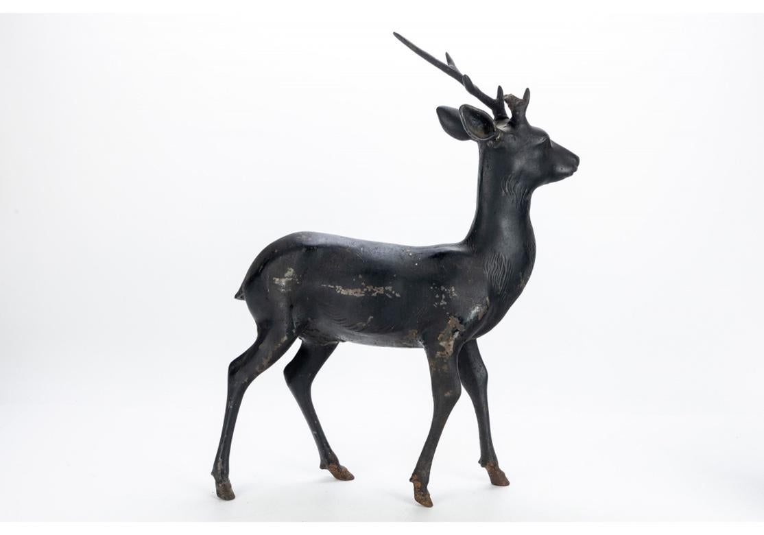 Rustic Two Antique Iron Stag and Doe Garden Sculptures For Sale