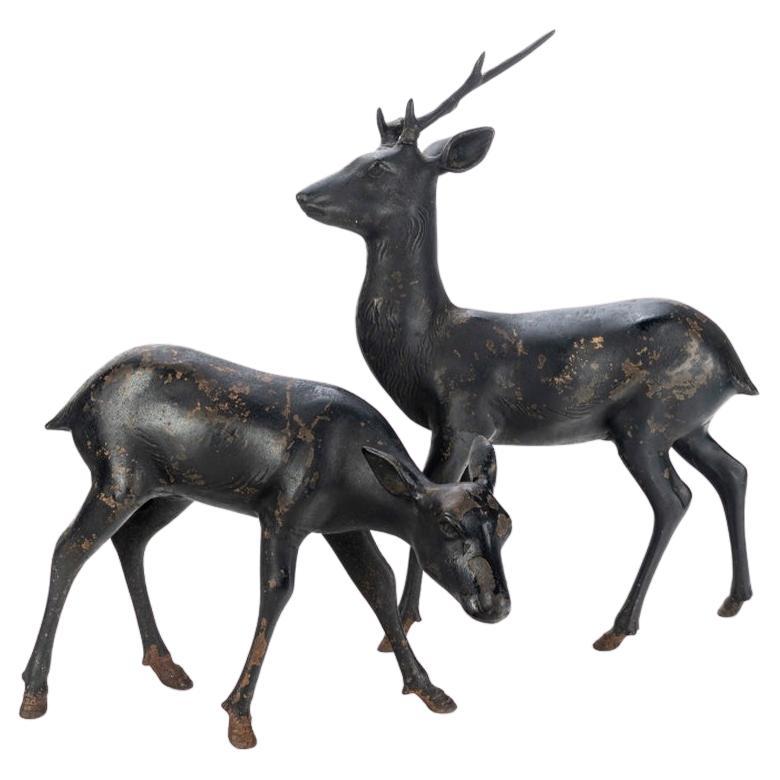 Two Antique Iron Stag and Doe Garden Sculptures For Sale