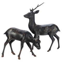 Two Antique Iron Stag and Doe Garden Sculptures